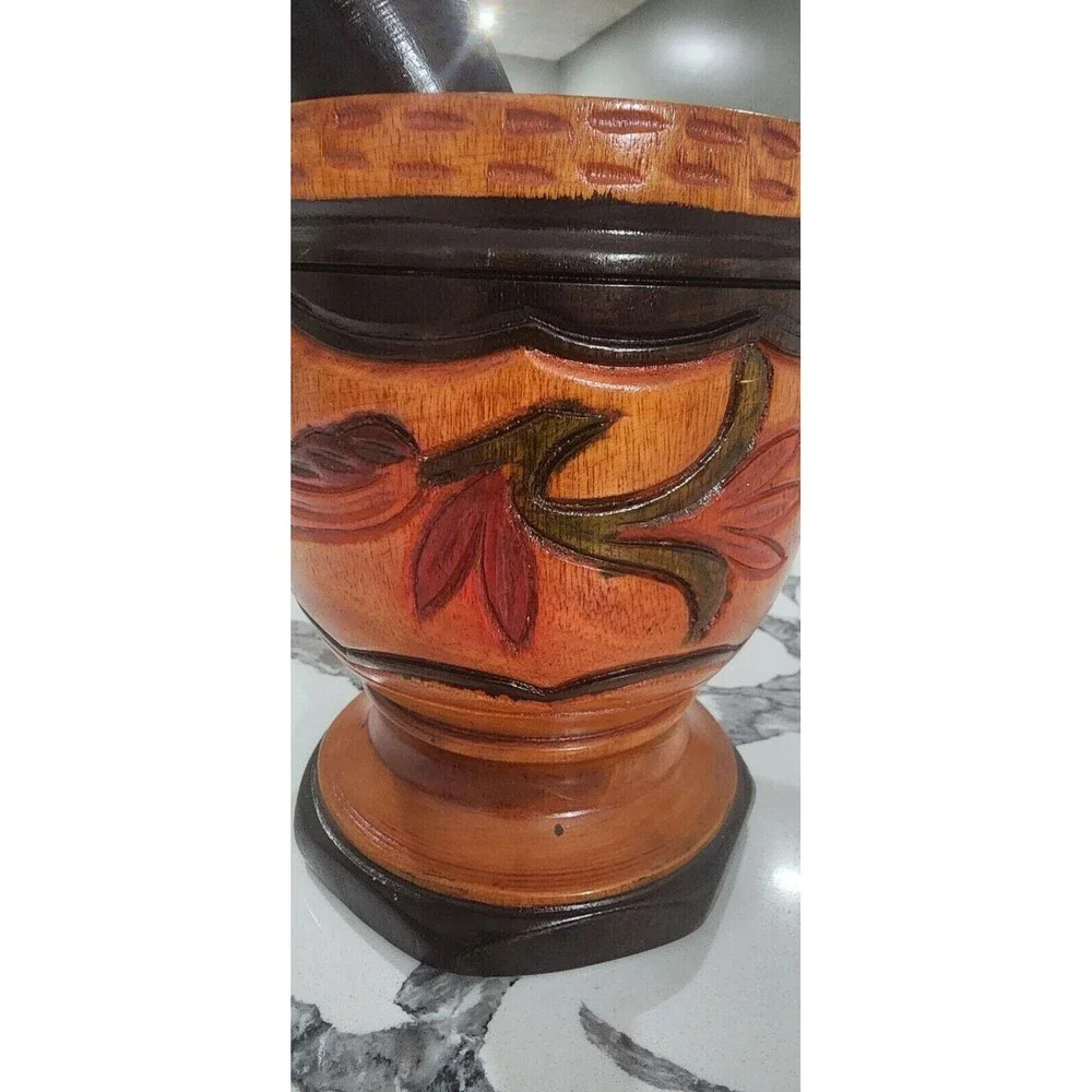 Vintage‎ Wood Hand Turned Carved Floral Three Tone Mortar and Pestle LARGE